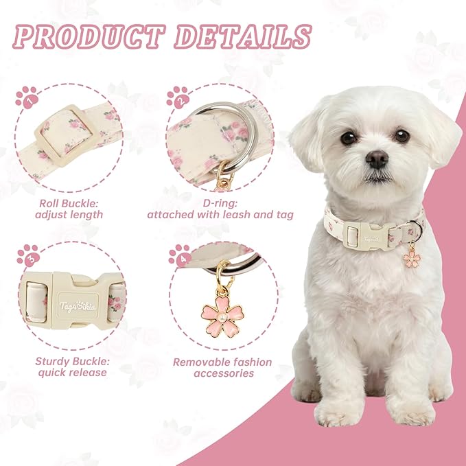 Floral Dog Collar, Spring Summer Pink Flower Pet Collar, Cute Cotton Puppy - Image 2
