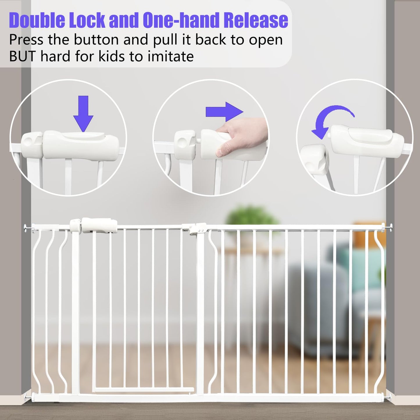 Extra Wide Baby Gates 57.5-62 Inch, Large Metal Safety Gate for Stairs, Doorways - No Drilling, Pressure Mounted Pet Gates for Kids & Dogs