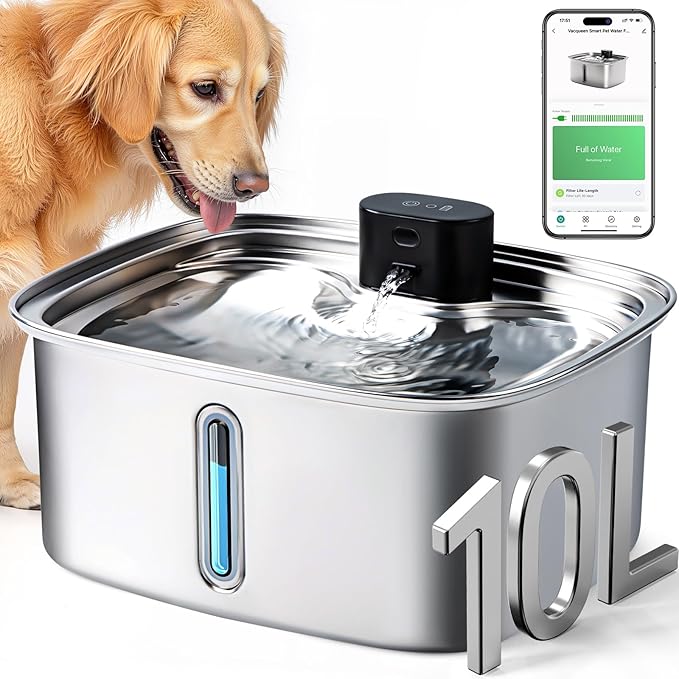 Smart Dog Water Bowl Dispenser Large, 10L/ 2.64Gal Cordless Dog Water Fountain by Vacqueen