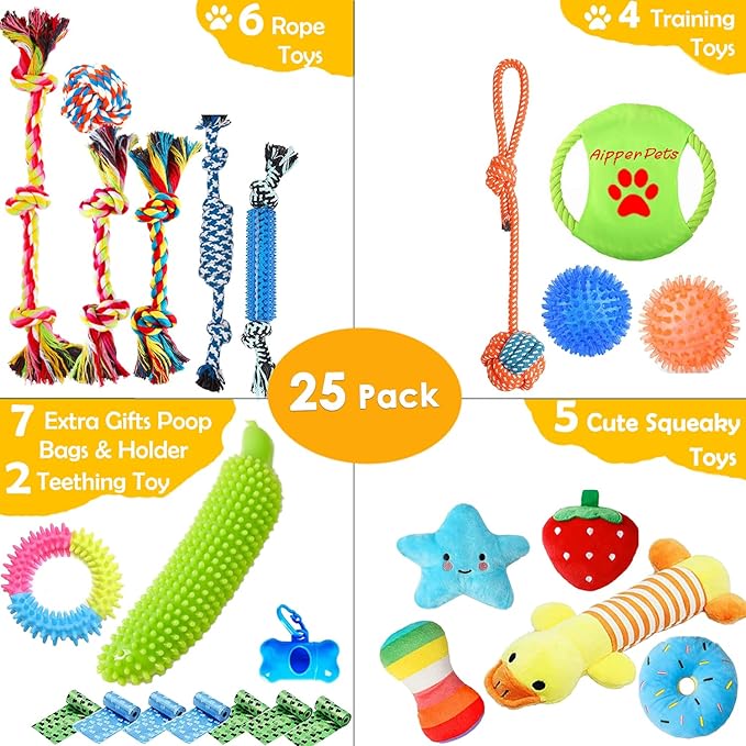 Aipper Dog Toys 25 Pack for Fun and Teeth Cleaning, Puppy Chew Toys Pack - Image 2