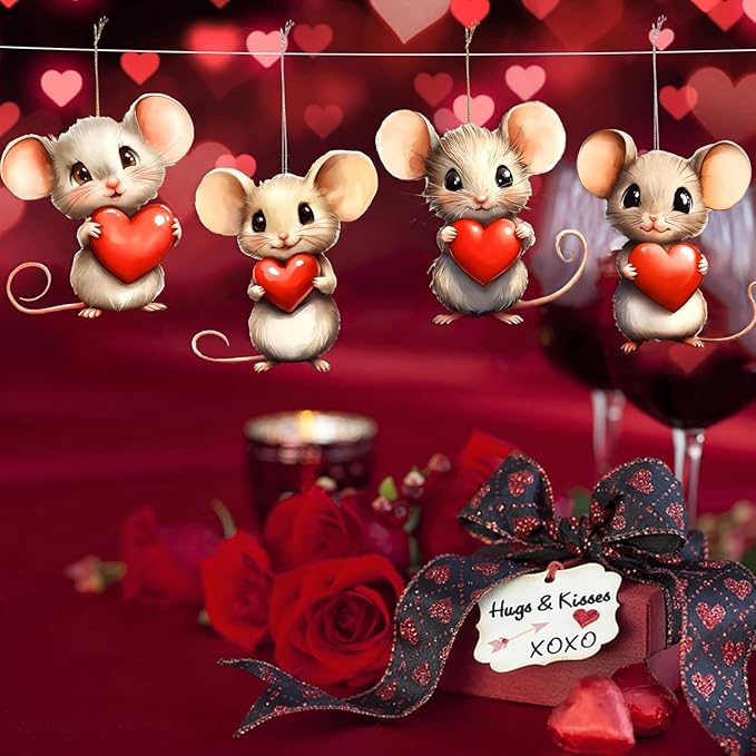 8 Pcs Cute Mouse Holding a Red Heart Ornaments - Image 6