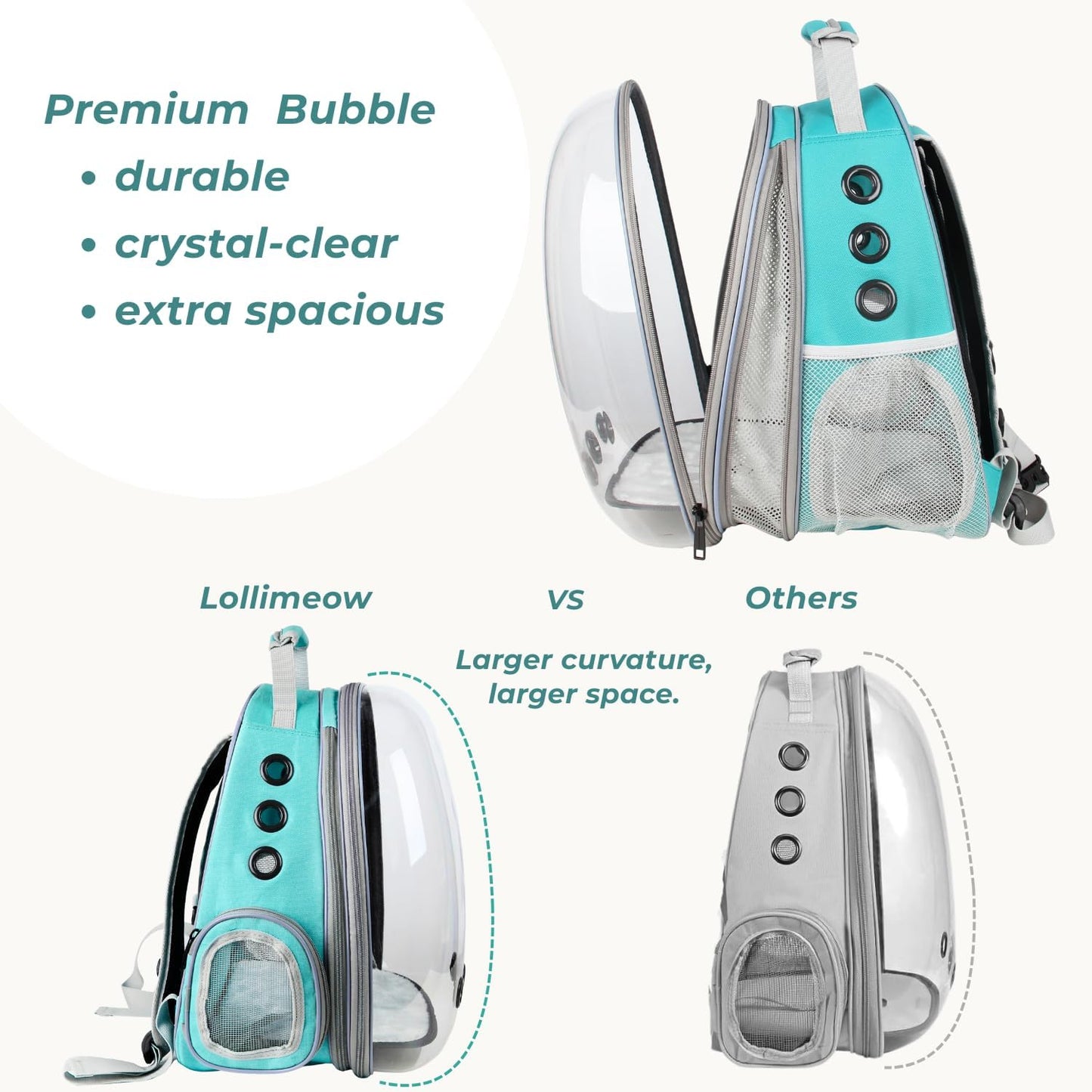 Lollimeow Cat Carrier Backpack, Bubble Expandable Backpack Carrier, Pets and Small Dogs,Airline-Approved, Designed for Travel, Hiking, Walking & Outdoor Use (Front Expandable-Green)