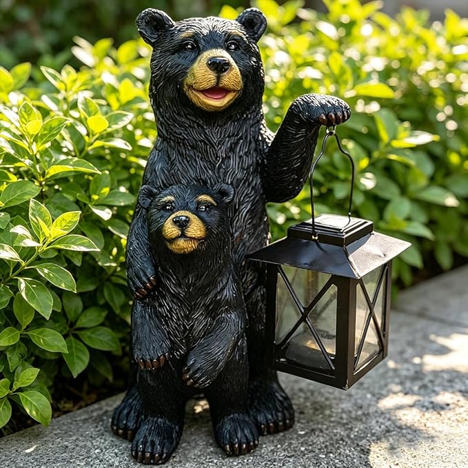 Black Bear Garden Statue with Solar Lantern, Bear Figurine Lights - Image 2