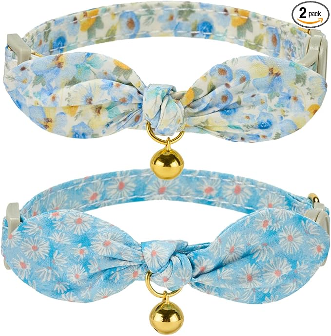 2 Pack Cotton Cat Collar, Removable Bowtie, Floral Pattern, Safety Breakaway by Petiry