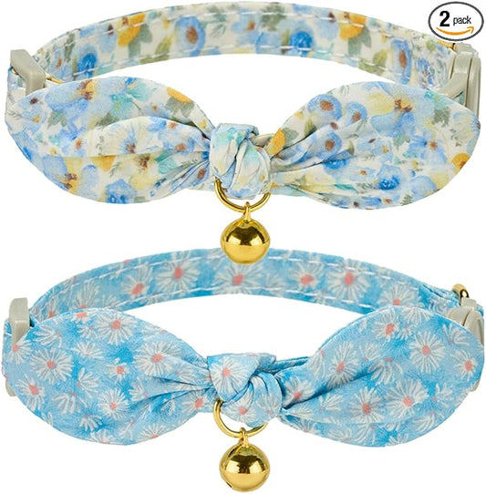 2 Pack Cotton Cat Collar, Removable Bowtie, Floral Pattern, Safety Breakaway by Petiry