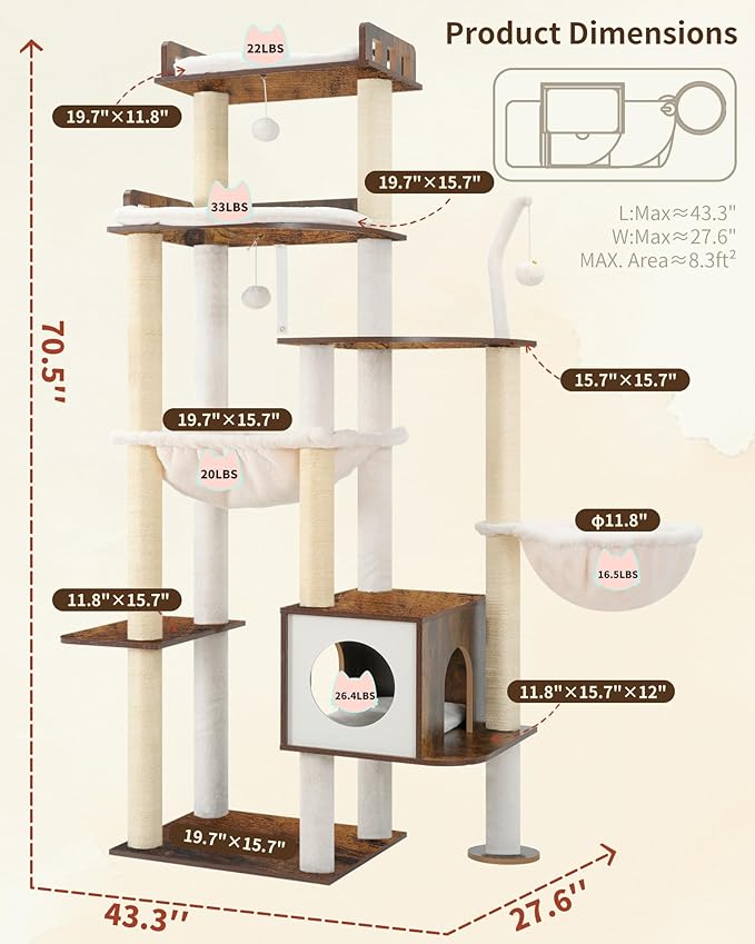 Heybly Cat Tree, 70.5 Inch Wood Tall Cat Tower - Image 3