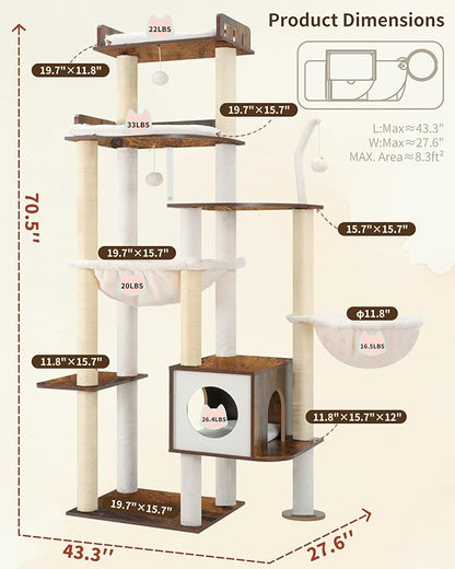 Heybly Cat Tree, 70.5 Inch Wood Tall Cat Tower - Image 3