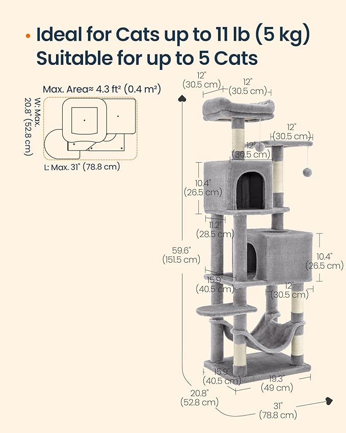 SONGMICS HOME Cat Tree for Indoor Cats, Hammock and Condo, Light Gray - Image 6