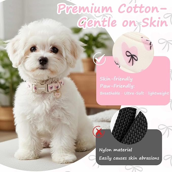 Bow Dog Collar with Pink Heart, Adjustable Cotton Dog Collar - Image 3