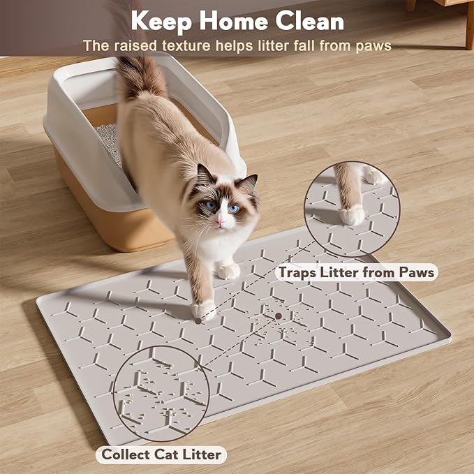 Garoopion Cat Litter Box Mat, Silicone Kitty Litter Mat, Light Gray - Image 3