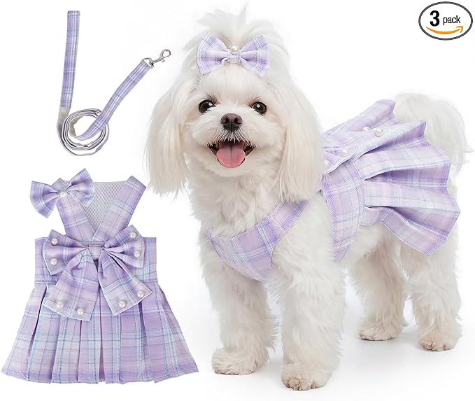 Cute Plaid Dog Dress Clothes for Small Dogs Cats Girl Purple Plaid Dog Dress by Yymobt