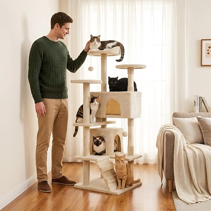 FDW | 54" Cat Tree Tower | Beige | Multi-Level Indoor Activity Center - Image 7