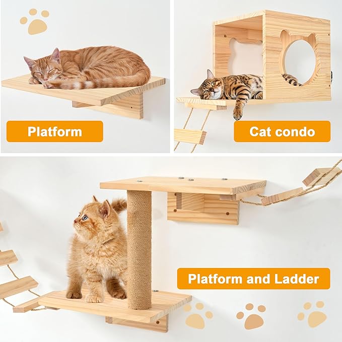 PETKABOO Cat Wall Shelves and Perches, Pine Wooden Cat Wall Furniture Climbing - Image 2