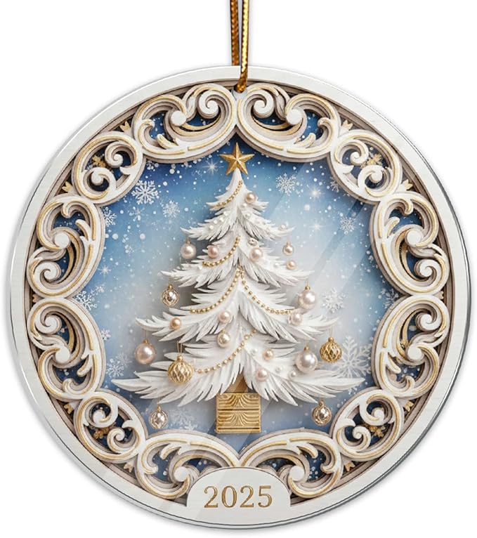 White Christmas Tree Ornament 2025, Elegant Holiday Ornament by MusemoryCreations