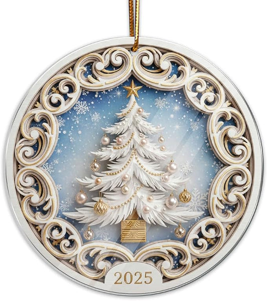 White Christmas Tree Ornament 2025, Elegant Holiday Ornament by MusemoryCreations