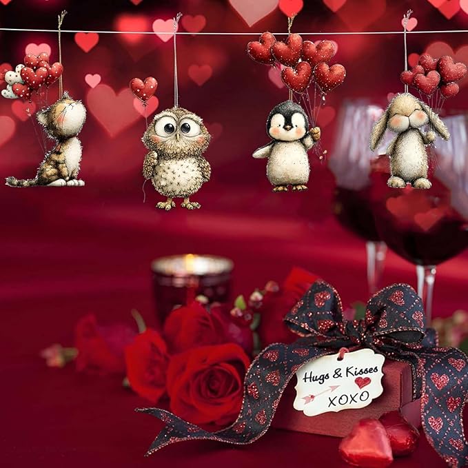 9 Pcs Valentines Day Tree Ornaments Romantic Cute Animal Hedgehog Penguin Take - Image 6
