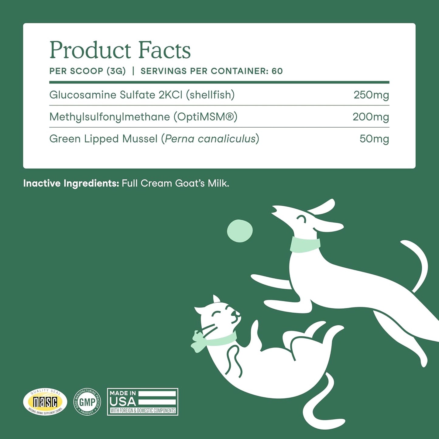 Fera Pets Goat Milk - Cat & Dog Hip and Joint Support with Glucosamine, MSM & Green Lipped Mussel - Supports Flexibility, Mobility & Bone Health - for Picky Eaters - 60 TSP