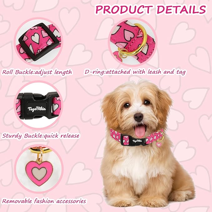 Valentines Dog Collar with Pink White Heart Pattern, Adjustable Puppy Collar - Image 3