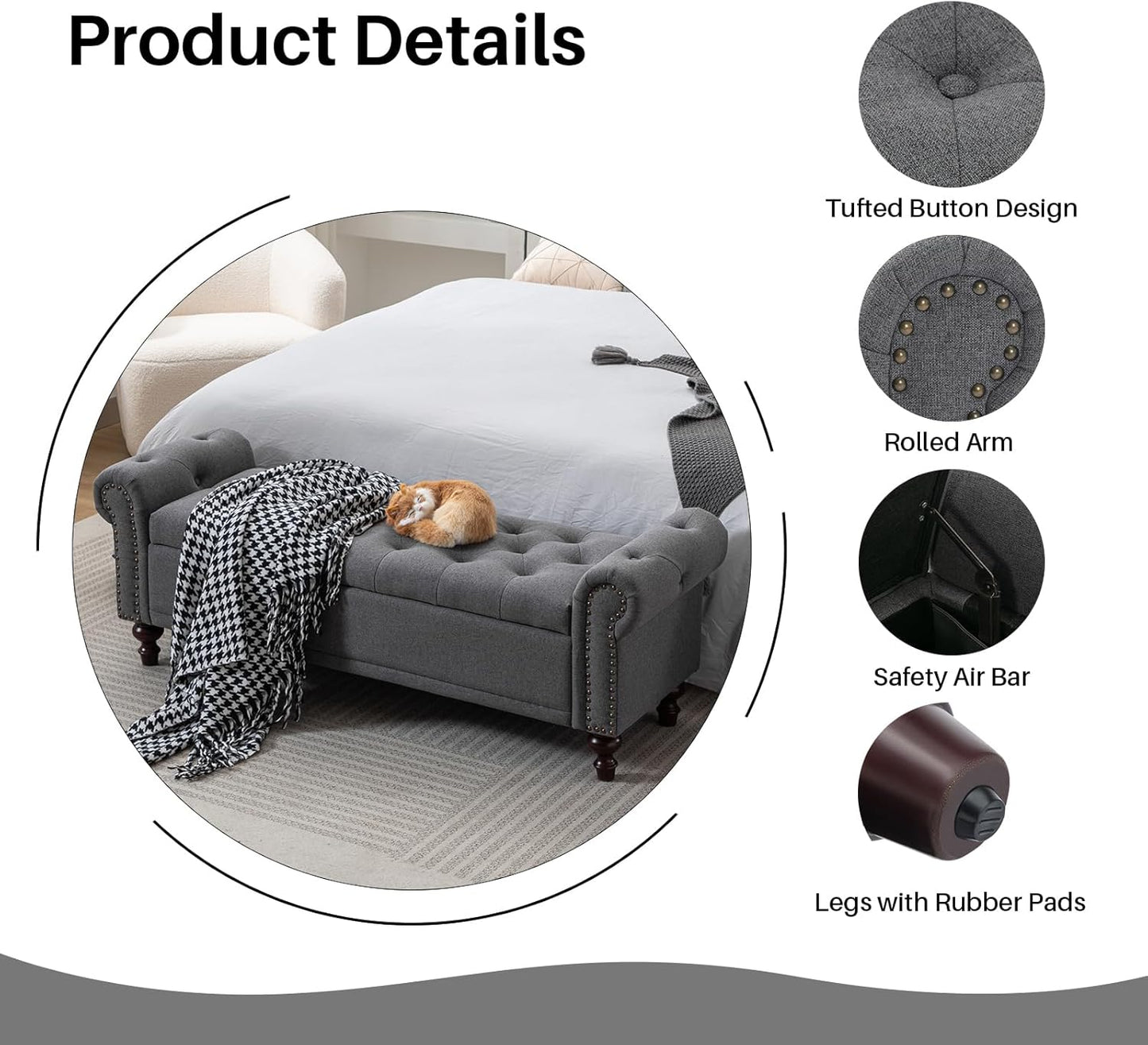 58.1'' Storage Bench Upholstered Linen End of Bedroom Bed Bench Ottoman with Tufted Cushioned Rolled Arm Large Storage Space for Reading Living Room Entryway, Grey