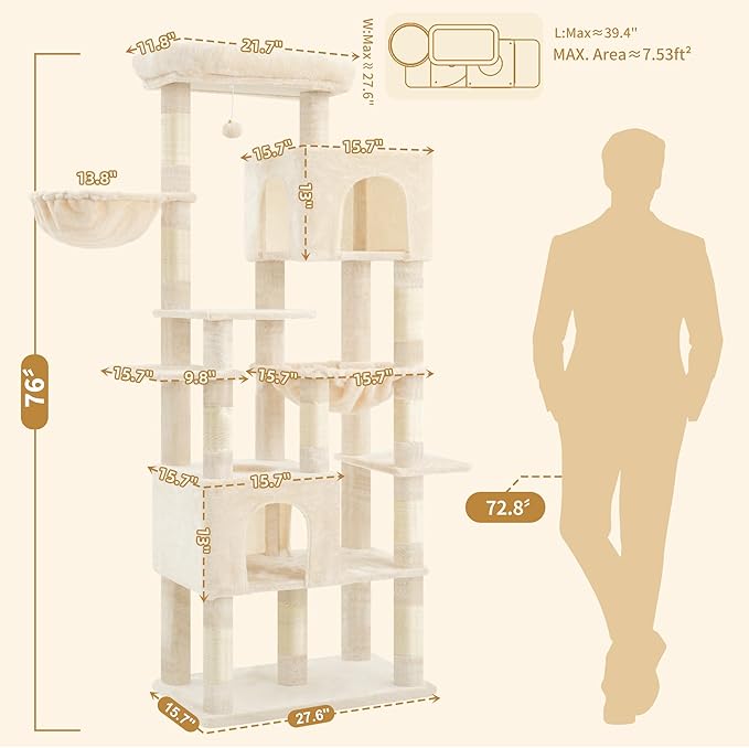 Heybly Cat Tree, 76-Inch Tall Heavy Duty Cat Tower - Image 2