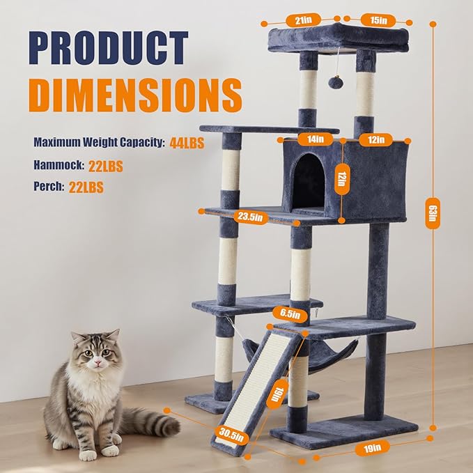 DUMOS 63 Inch Cat Tree Tower, Large Multi Level Cat Climbing Tower - Image 5