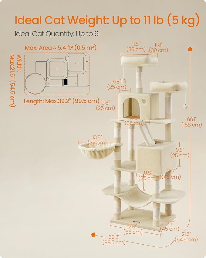 Feandrea Cat Tree, 66.1-Inch Large Cat Tower, 2 Perches, 2 Caves - Image 5
