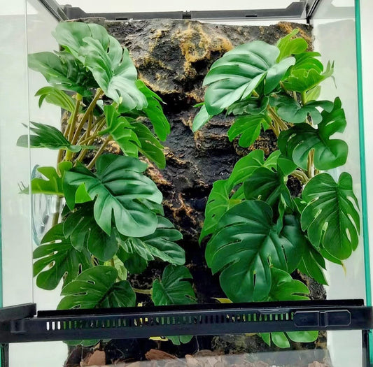 Reptile Plants for Terrarium Decor, Amphibian Habitat Decor, Snake Tank Accessories, Artificial Hanging Plants with Suction Cup-2 Packs (Fake Monstera)