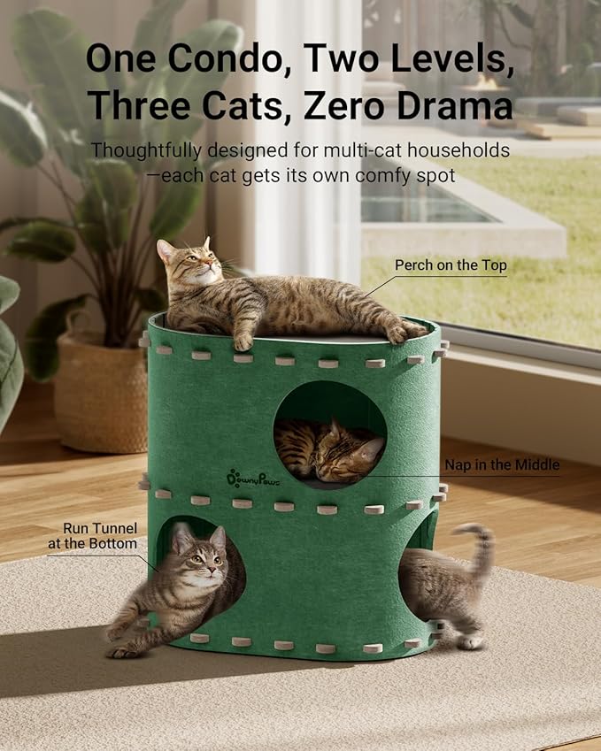 DownyPaws Cat House for Indoor Cats, 2-Storey Foldable Cat Bed Cave, Felt Cats - Image 2