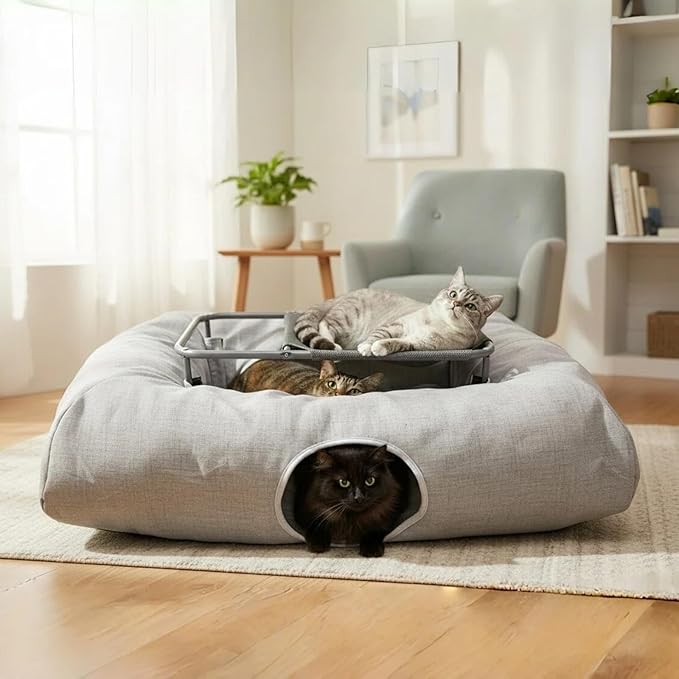 XxingSheep 2-Tier Hammock XXL Cat Tunnel Bed, 4 Cave Premium Hemp Fabric by XxingSheep
