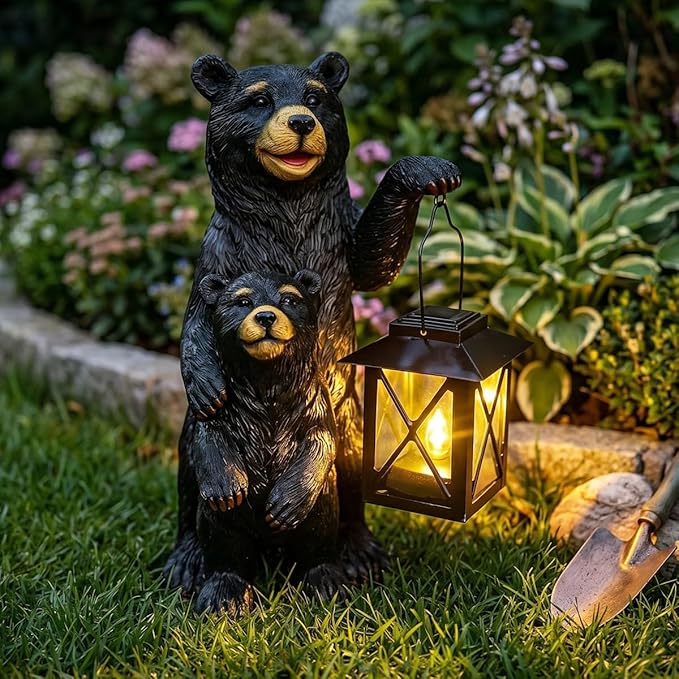 Black Bear Garden Statue with Solar Lantern, Bear Figurine Lights by ZYLiWoo