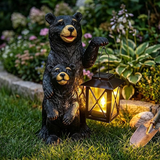Black Bear Garden Statue with Solar Lantern, Bear Figurine Lights by ZYLiWoo