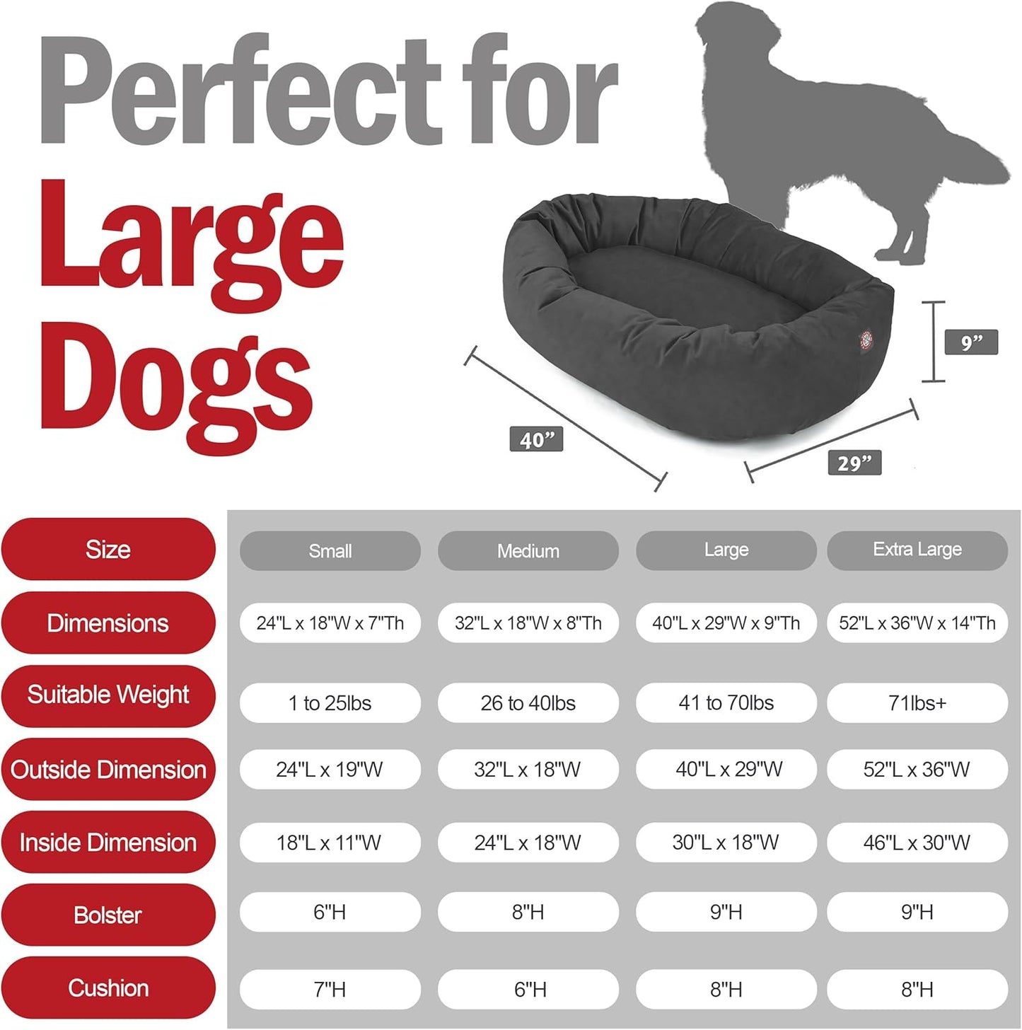 Majestic Pet 40 Inch Suede Shredded Memory Foam Mix Calming Large Dog Bed Washable 40 x 29 x 9 (Inch) - Cozy Soft Round Donut Dog Bed with Spine for Head Support - Pet Bed Gray