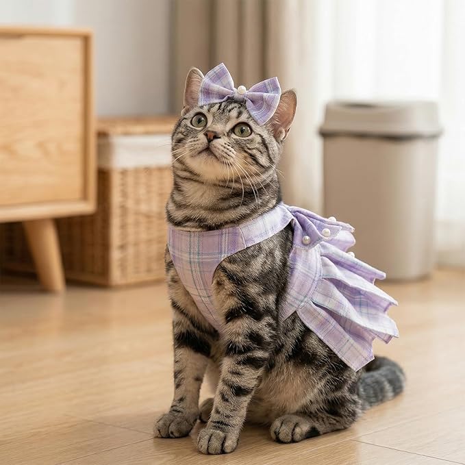 Cute Plaid Dog Dress Clothes for Small Dogs Cats Girl Purple Plaid Dog Dress - Image 6