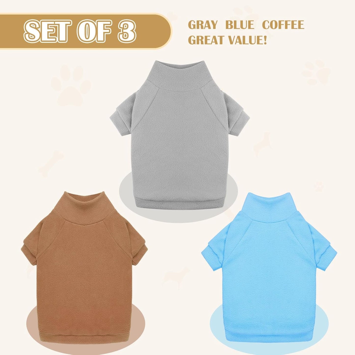 3 Pack Dog Sweaters for Small Dogs, Fleece Dog Sweater Pet Clothes Turtleneck Soft Warm Sweatshirt Puppy Sweater Boy Girl Pet(Gray+Blue+Coffee,S)