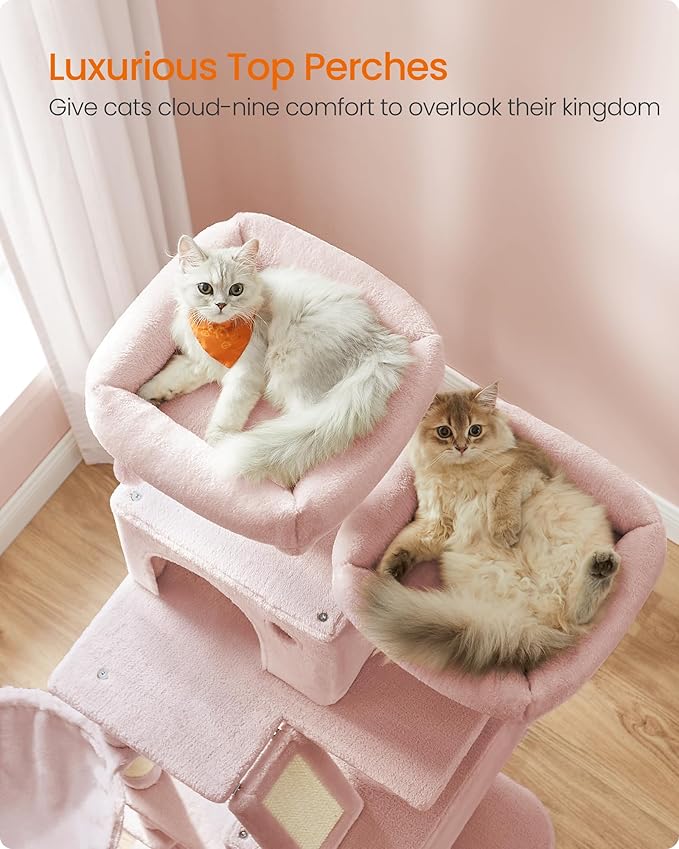 Feandrea Cat Tree, 66.1-Inch Large Cat Tower, 2 Perches, 2 Caves, Jelly Pink - Image 3