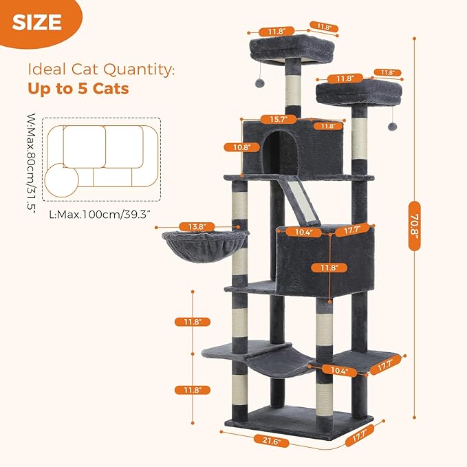 MUTTROS 70.8" Tall Cat Tree for Large Cats, 2 Top Perches, Big Condo, Large - Image 7