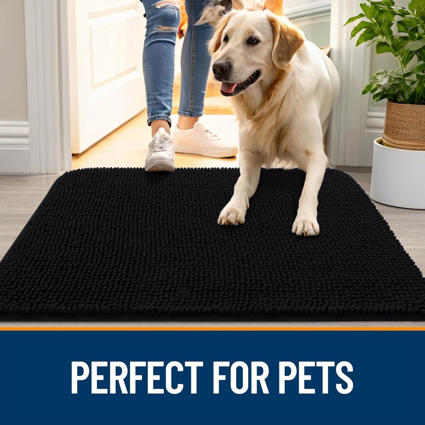 OLANLY Dog Door Mat for Muddy Paws 44x32, Absorbs Moisture and Dirt, Absorbent Non-Slip Washable Doormat, Quick Dry Chenille Mud Mat for Dogs, Entry Indoor Entryway Carpet for Inside Floor, Black