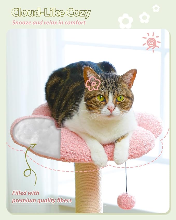 MUTTROS Flower Cat Tree with Large Metal Frame Hammock, Cat Condo with Pink Top - Image 6
