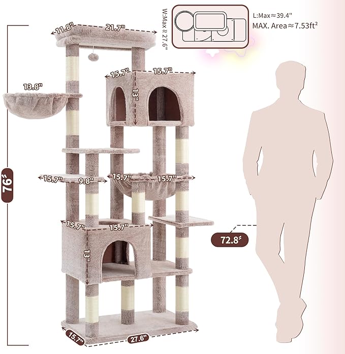 Heybly Cat Tree, 76-Inch Tall Heavy Duty Cat Tower - Image 2