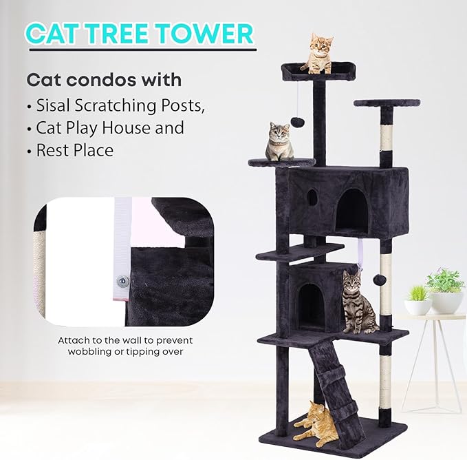 FDW | 70" Cat Tree Tower | Ashy | Multi-Level Indoor Activity Center - Image 6