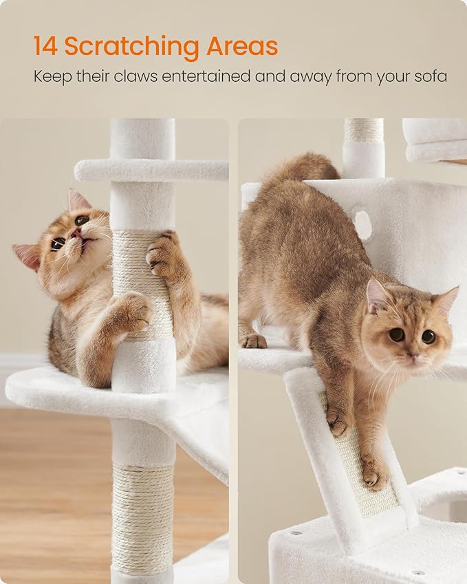 Feandrea Cat Tree, 66.1-Inch Large Cat Tower, 2 Perches, 2 Caves, Cream White - Image 6