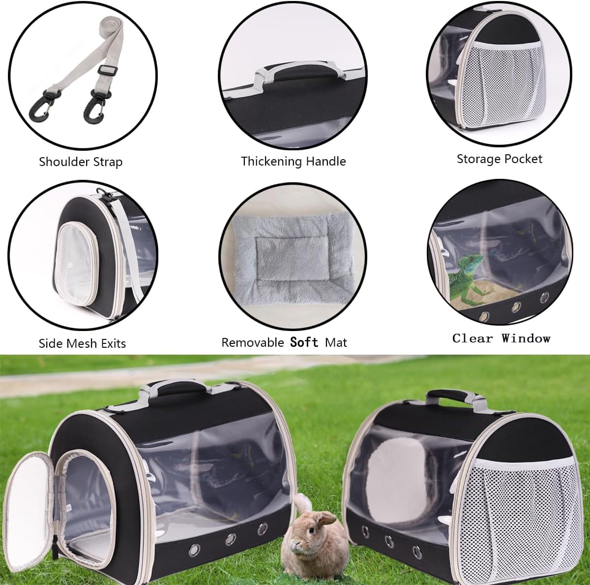 Bearded Dragon Travel Carrier Backpack,Lizard Backpack Carrier,Space Capsule Clear Bubble Window Astronaut Reptile Carrier Backpack for Guinea Pig,Sugar Glider,Bunny (Black, TPU Carrier+MAT)