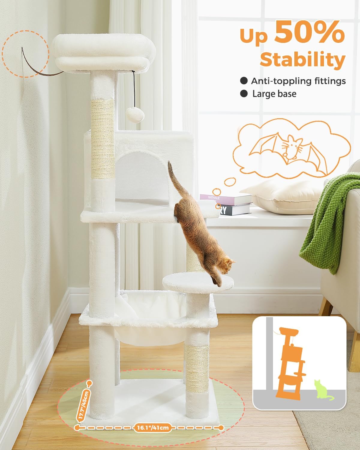 White Cat Tree for Indoor Cats, 45.7" Multi-Level Cat Tower with Large Metal Frame Hammock, Cat Condo with 4 Scratching Posts and Top Perch, White
