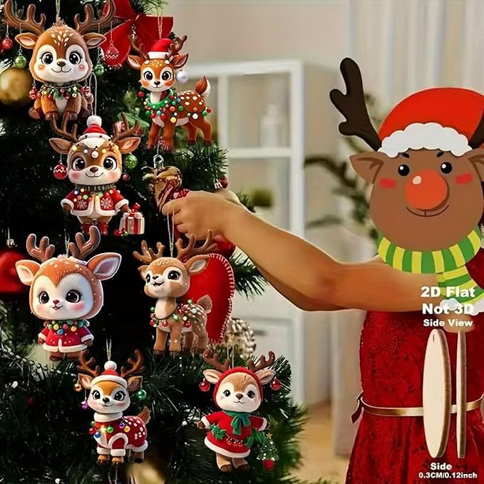 24 Pcs Cute Reindeer Christmas Tree Hanging Ornaments 2D Flat Wooden Pendant - Image 4