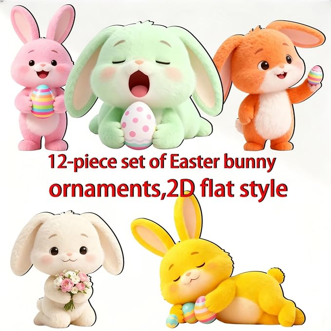12 Pcs Easter Bunny Hanging Ornaments Cute 2D Wooden Easter Tree Ornaments - Image 4