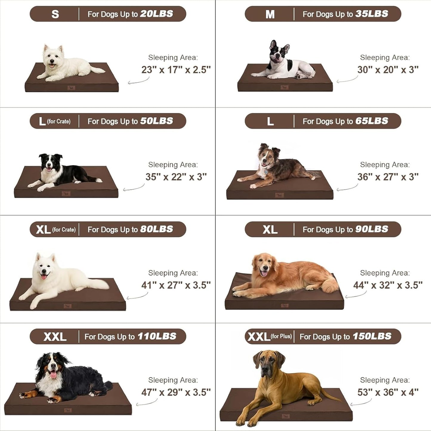 Outdoor Large Dog Bed, Waterproof Dog Bed for Large Dogs, Egg Crate Foam Pet Bed with Removable Washable Oxford Cooling Cover, Brown
