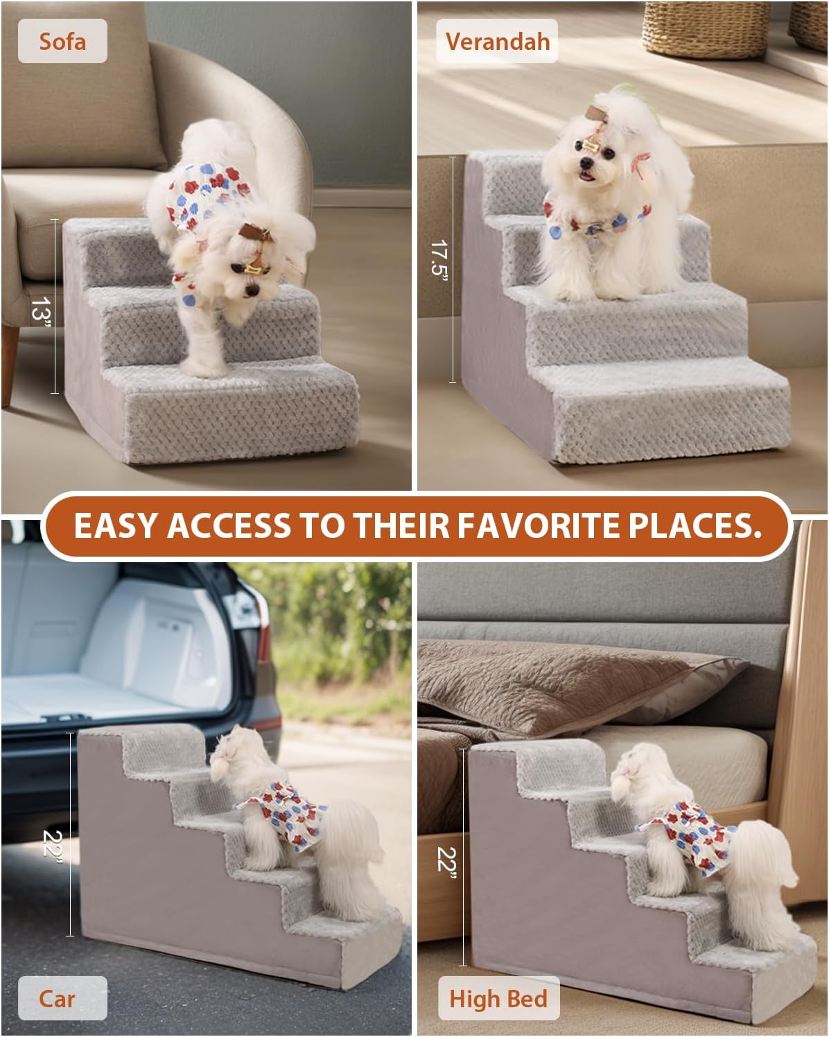 Dog Stairs for Small Dogs,22" H,5-Step Dog Steps for High Bed Couch and Sofa,Pet Stairs for Dogs and Cats Climbing with Non-Slip Bottom and Washable Cover,Grey