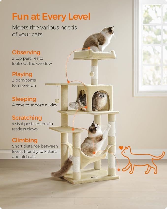 Feandrea Cat Tree, 54.2-Inch Cat Tower, Plush Multi-Level Condo - Image 6