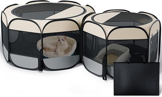 Cat Playpen, 2-Room Foldable Dog Playpen by Petcozife