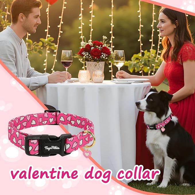 Valentines Dog Collar with Pink White Heart Pattern, Adjustable Puppy Collar - Image 2